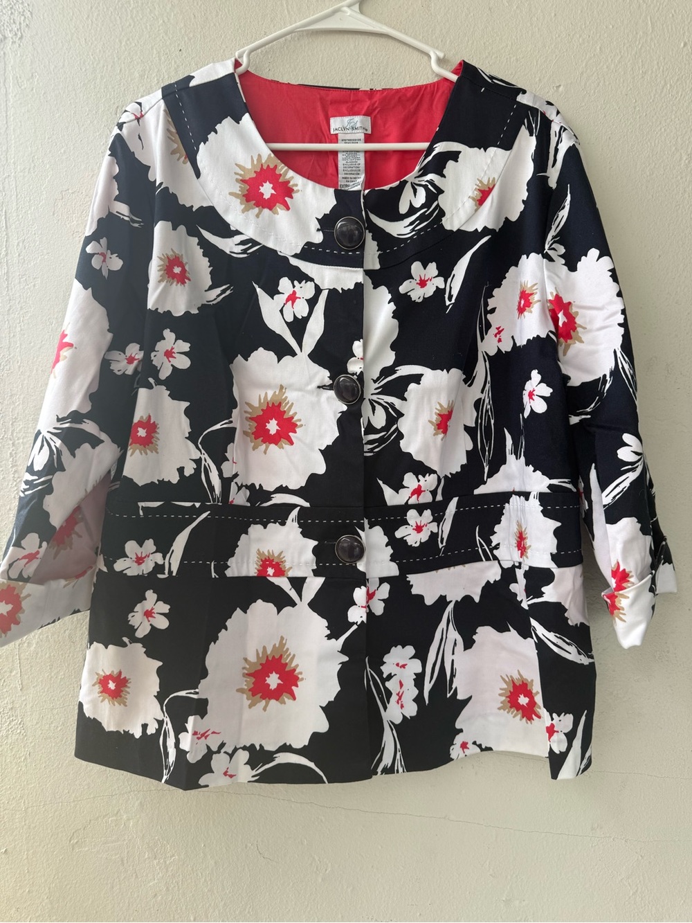 Jaclyn Smith Black Floral Jacket with White and Red Accents